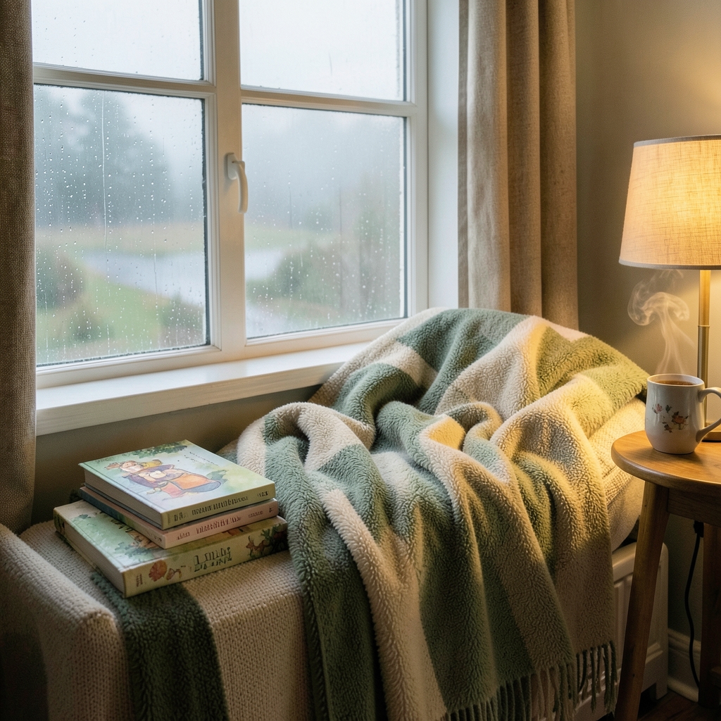 A cozy reading nook with books and a warm lamp