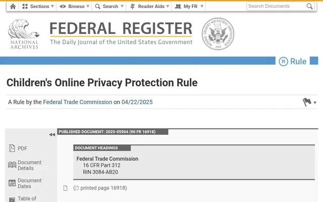 Federal Register notice for the FTC's amended Children's Online Privacy Protection Rule