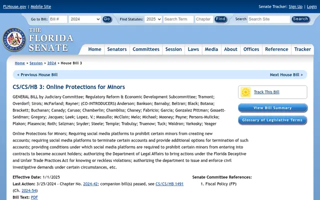 Florida Senate page for CS/CS/HB 3, Online Protections for Minors, showing its effective date and chapter number