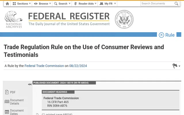Federal Register notice for the FTC's trade regulation rule on consumer reviews and testimonials