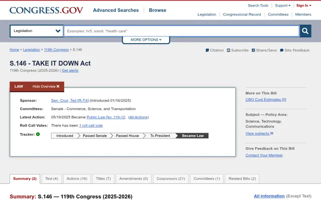 Congress.gov page for S.146, the TAKE IT DOWN Act, showing the LAW banner and the Became Law tracker